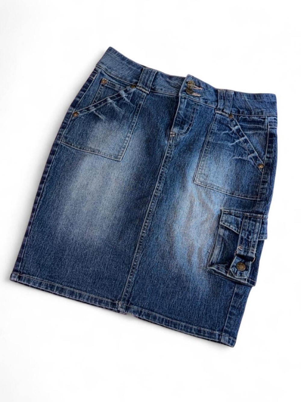 Vintage Y2K Younique Low Rise Faded Denim Mini Skirt Cargo Pocket & Slit Size 7